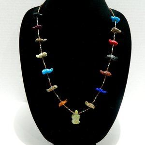 Vintage Zuni Carved Multi-Stone Turtle Fetish w/ heishe beads Necklace